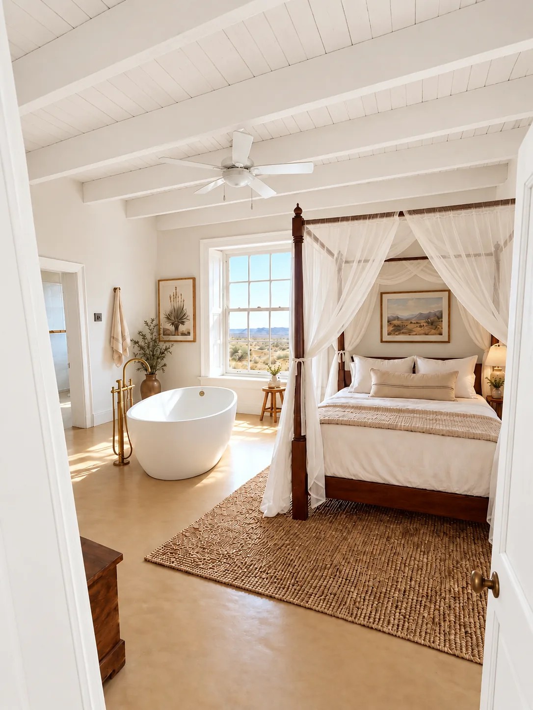 A Victoria Cottage bedroom with a freestanding bath and four-poster bed