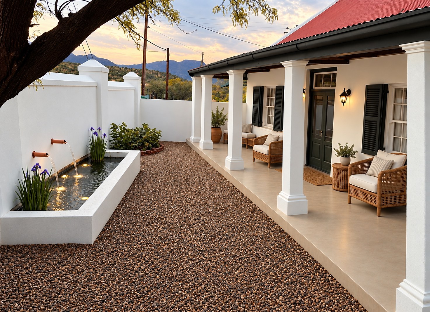 Victoria Cottage stoep and courtyard water feature at dusk