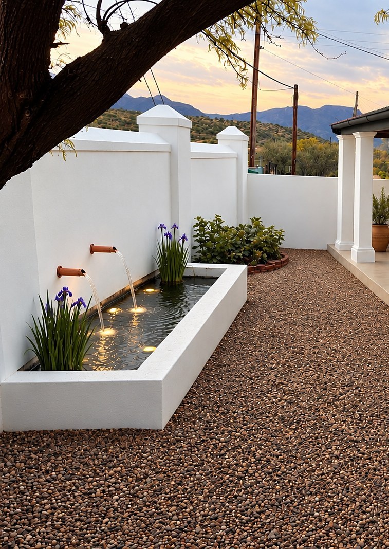 Copper spouts filling the courtyard water feature